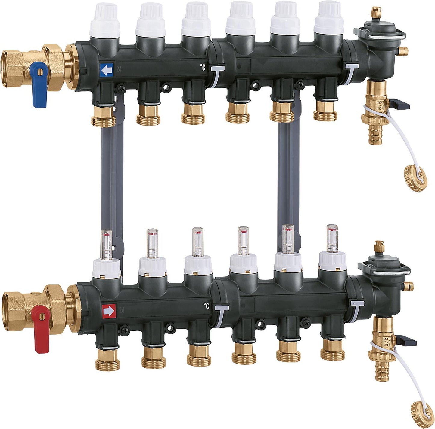 Plastic manifold for underfloor heating, complete for 3 groups