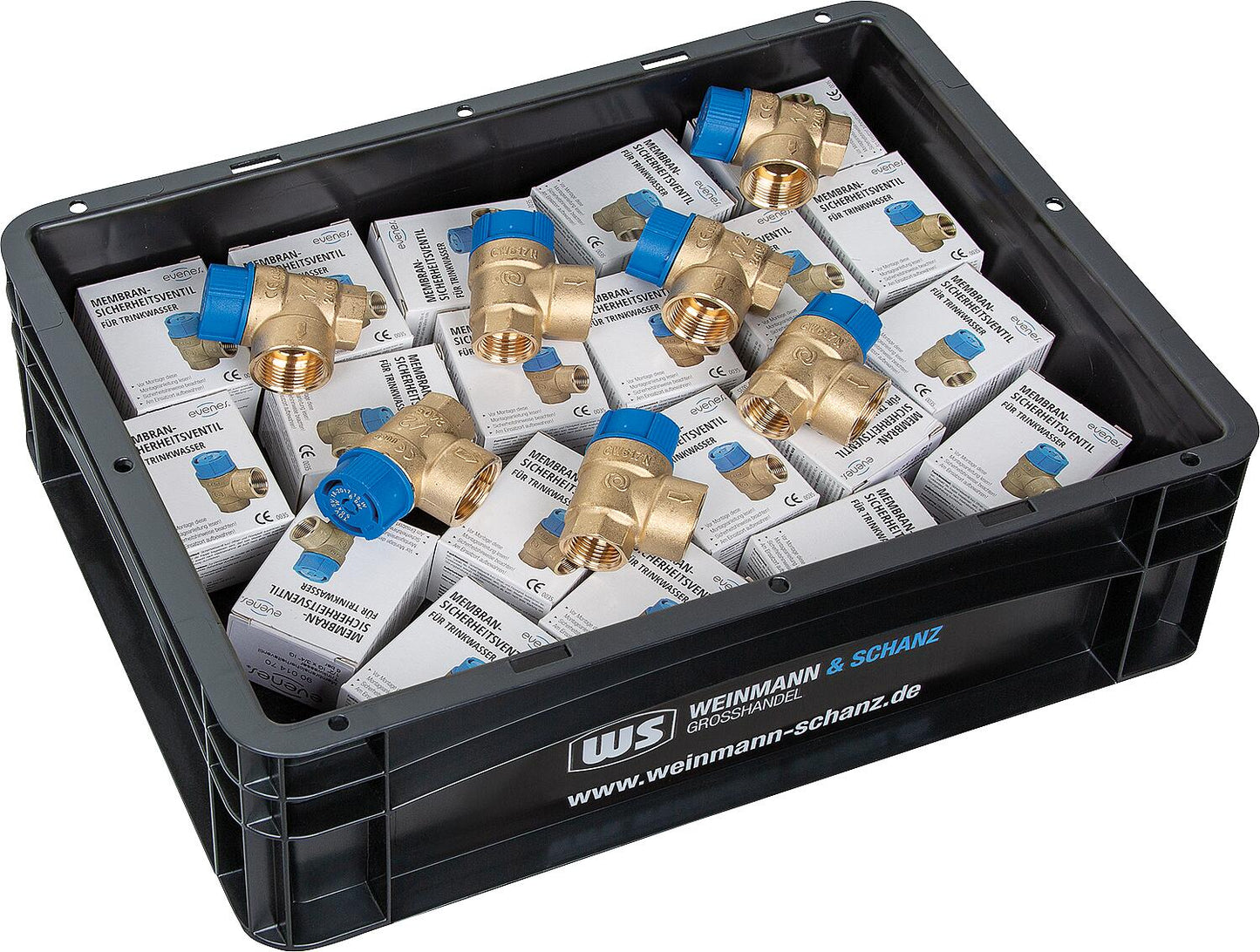 Membran-Sicherheitsventil EVENES DN 15 (1/2"), 6 bar für Trinkwasser, Vorteilspaket, 20x SV inkl. WS-Box