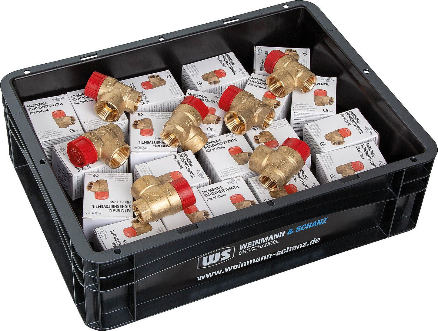 Membran-Sicherheitsventil EVENES DN 15 (1/2"), 3 bar für Heizung, Vorteilspaket, 20x SV inkl. WS-Box
