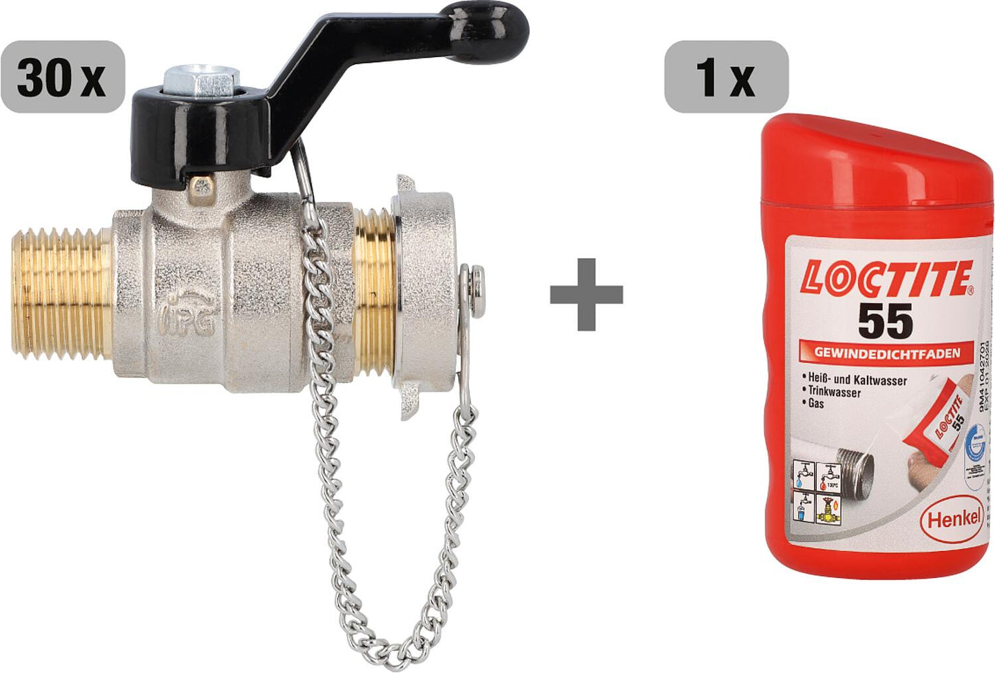 Lot de 30 vannes à bille avec bouchon et levier manuel en aluminium, filetage mâle DN15 (1/2") + mastic d'étanchéité LOCTITE 55 offert, 160 m