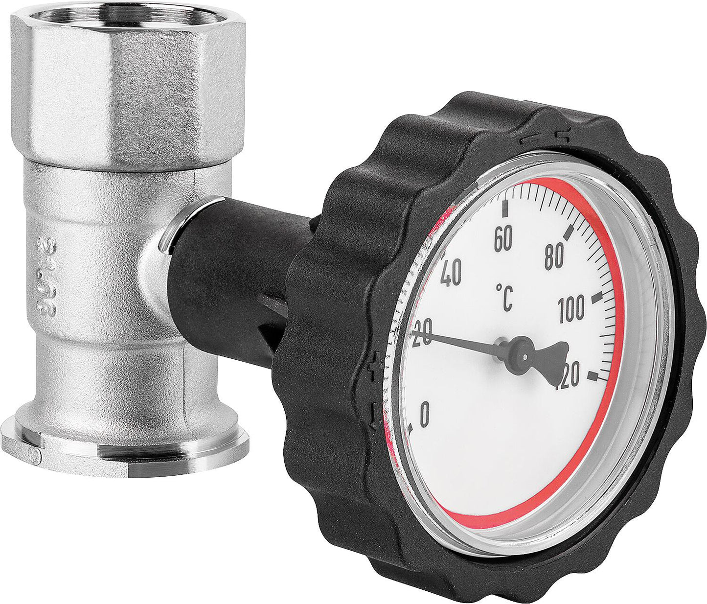 VL-Pumpenflanschkugelhahn 1" mit Thermometerhandgriff rot vernickelt