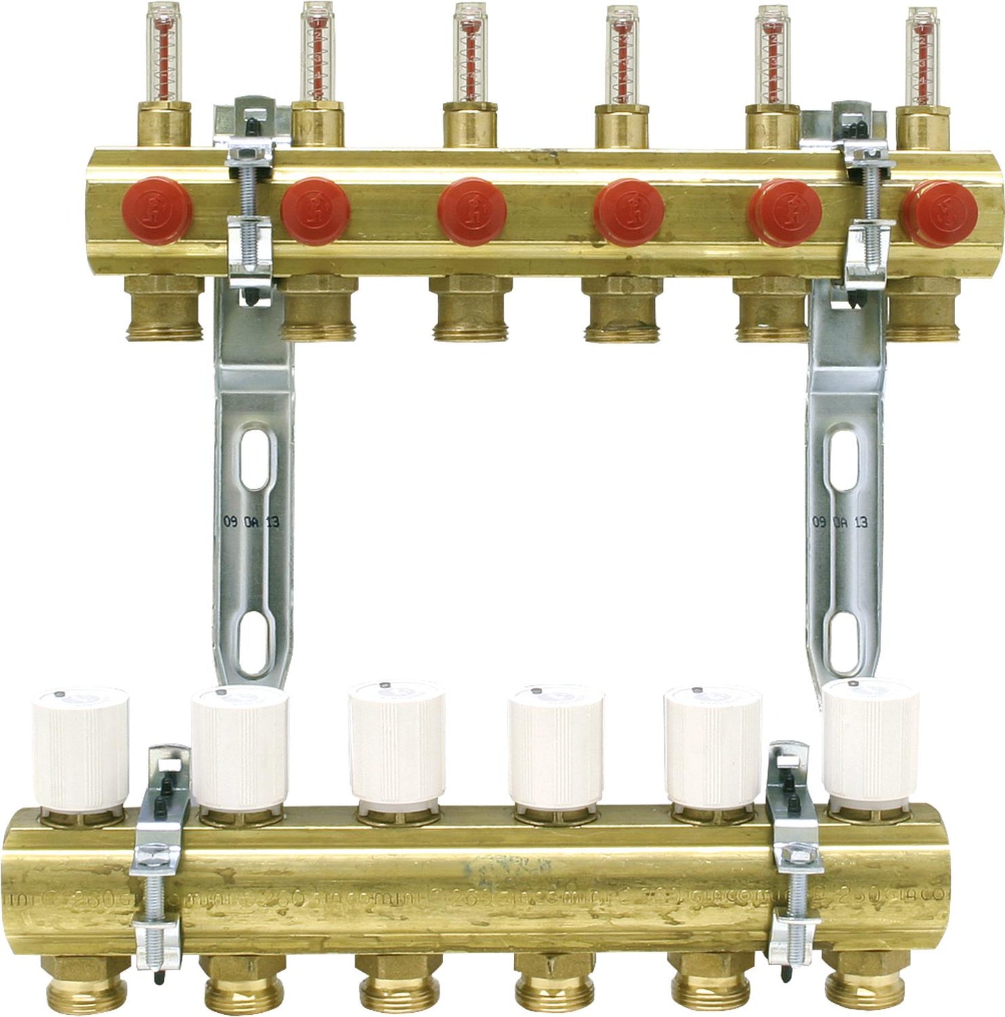 Brass heating circuit manifold, 1" flow meter 0.5 - 5 l/min for 2 groups, 3/4" Eurocone