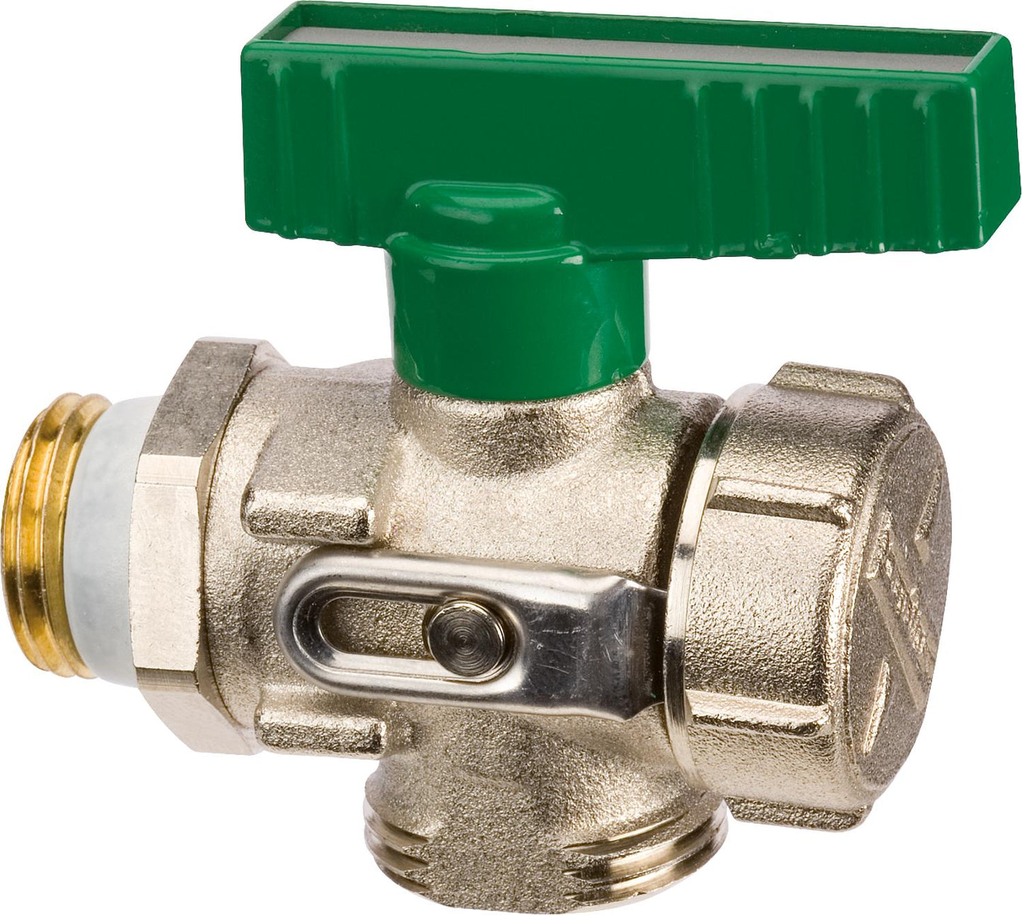 Vanne à bille KFE DN15 (1/2") à passage direct, nickelée, avec levier vert pour eau potable, PN10, avec bouchon