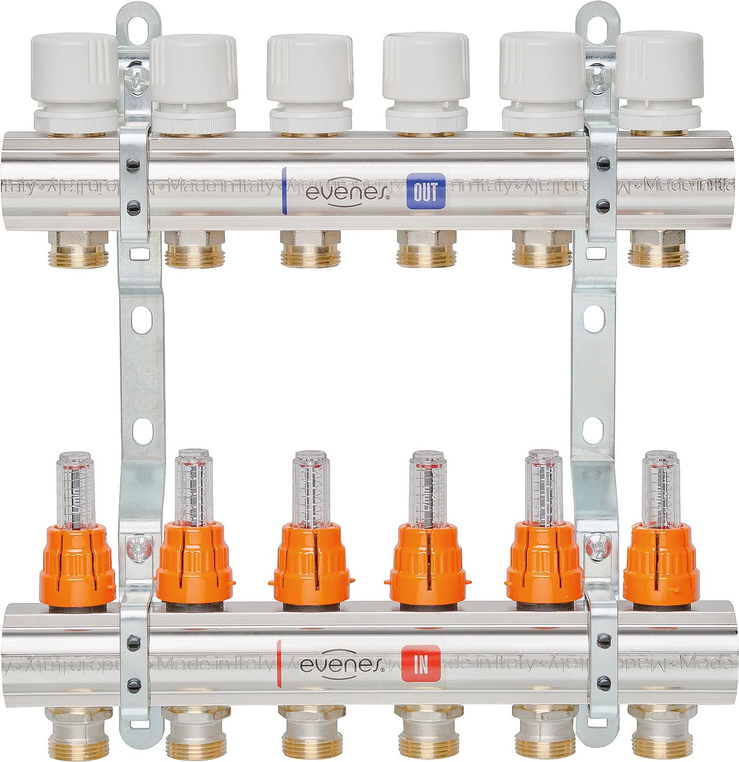 Evenes type M6.2 heating circuit manifold, DN25(1") brass, 2 heating circuits, with flow meter