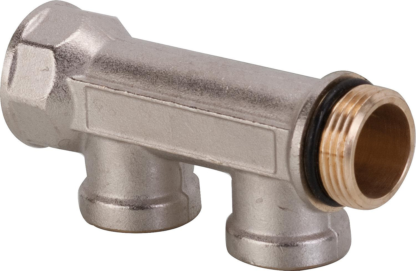 Distributeur double DN 20 (3/4") x filetage femelle DN 15 (1/2"), laiton nickelé