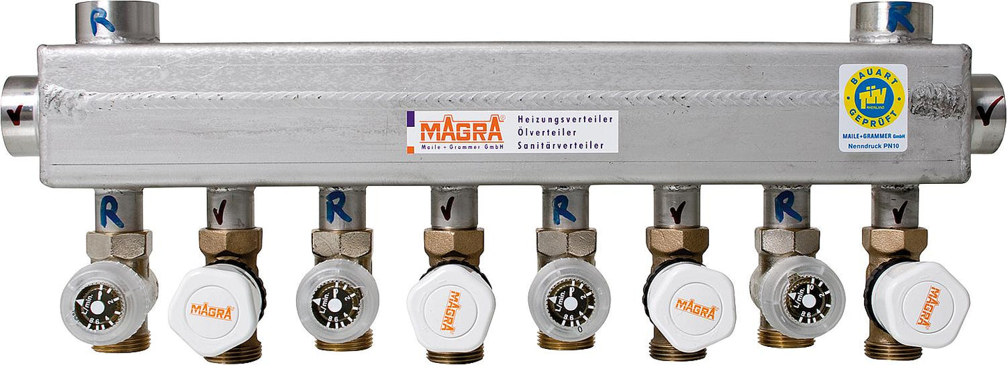 Edelstahl-Verteiler 60/60 mit mont. Ventilen und Rondo- Abgleichventil für 2 Heizgruppen