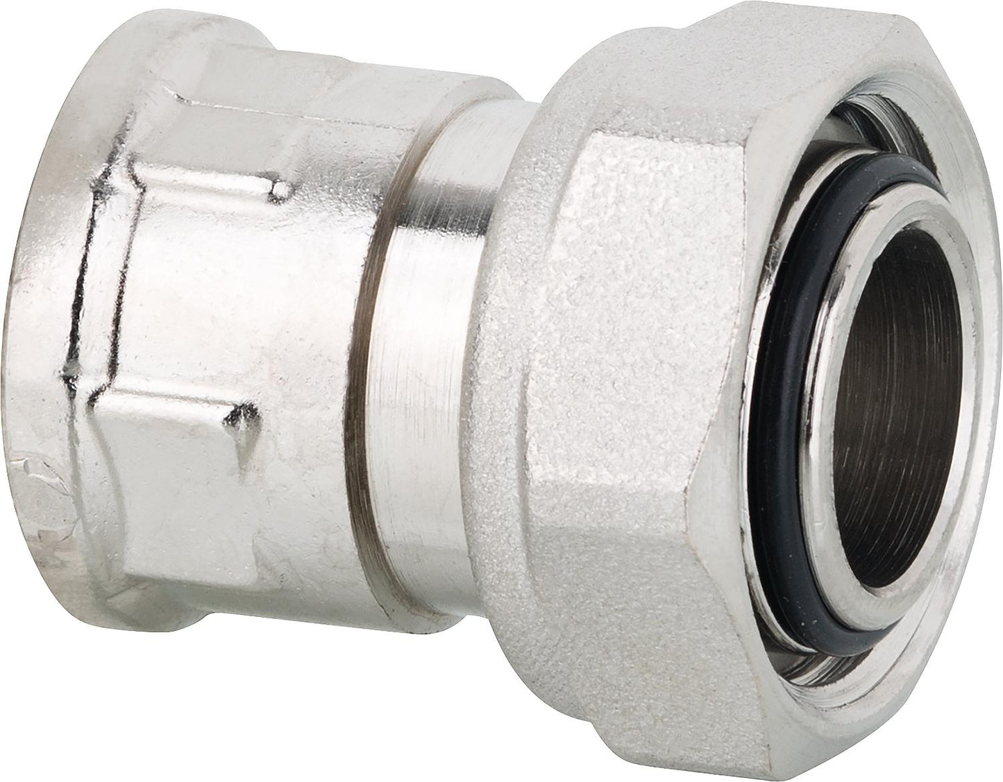 Screw connector with rotating nut, through-hole female thread x female thread 1/2" female thread x socket, nickel-plated