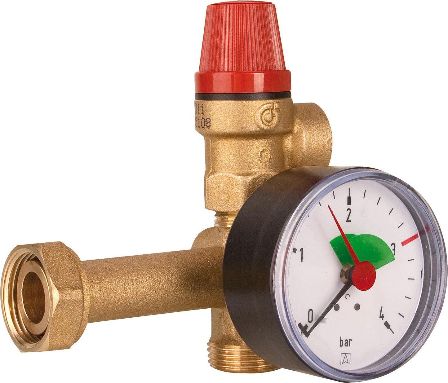 Heating circuit safety group for Easyflow system. With 3 bar safety valve and 4 bar pressure gauge.