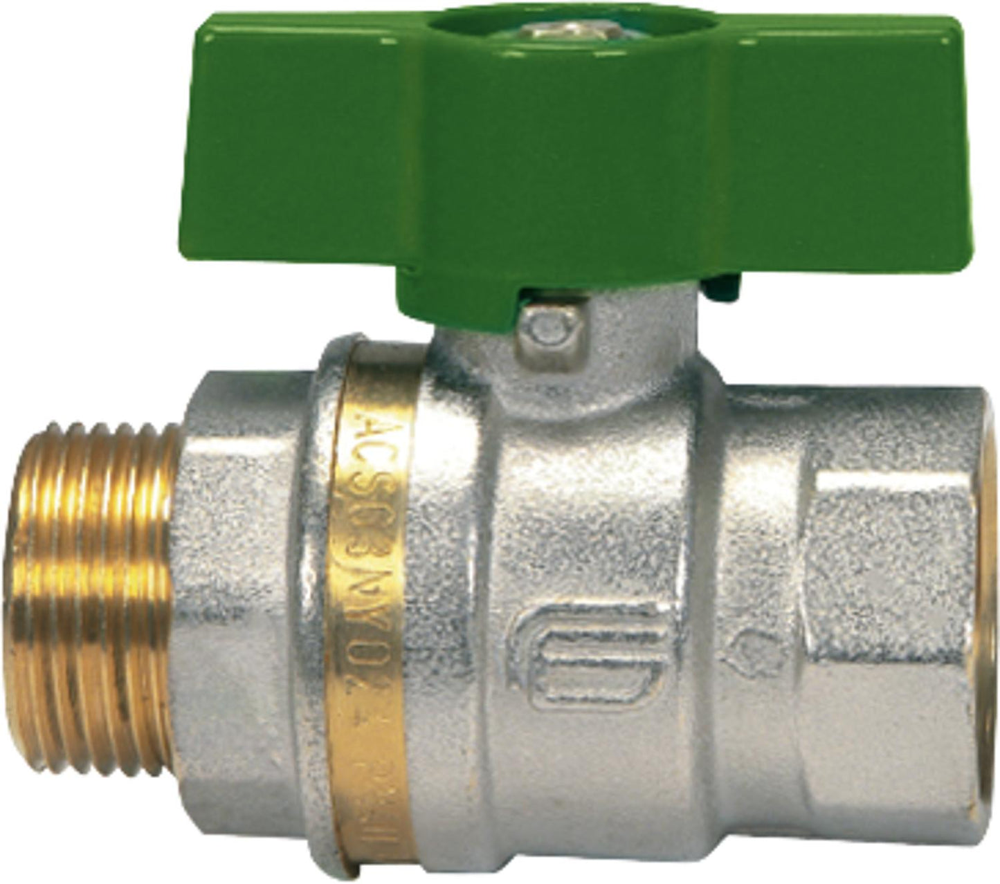 Brass ball valve ASTER ACS IG/AG 3/8`` DVGW-certified with green aluminum wing handle