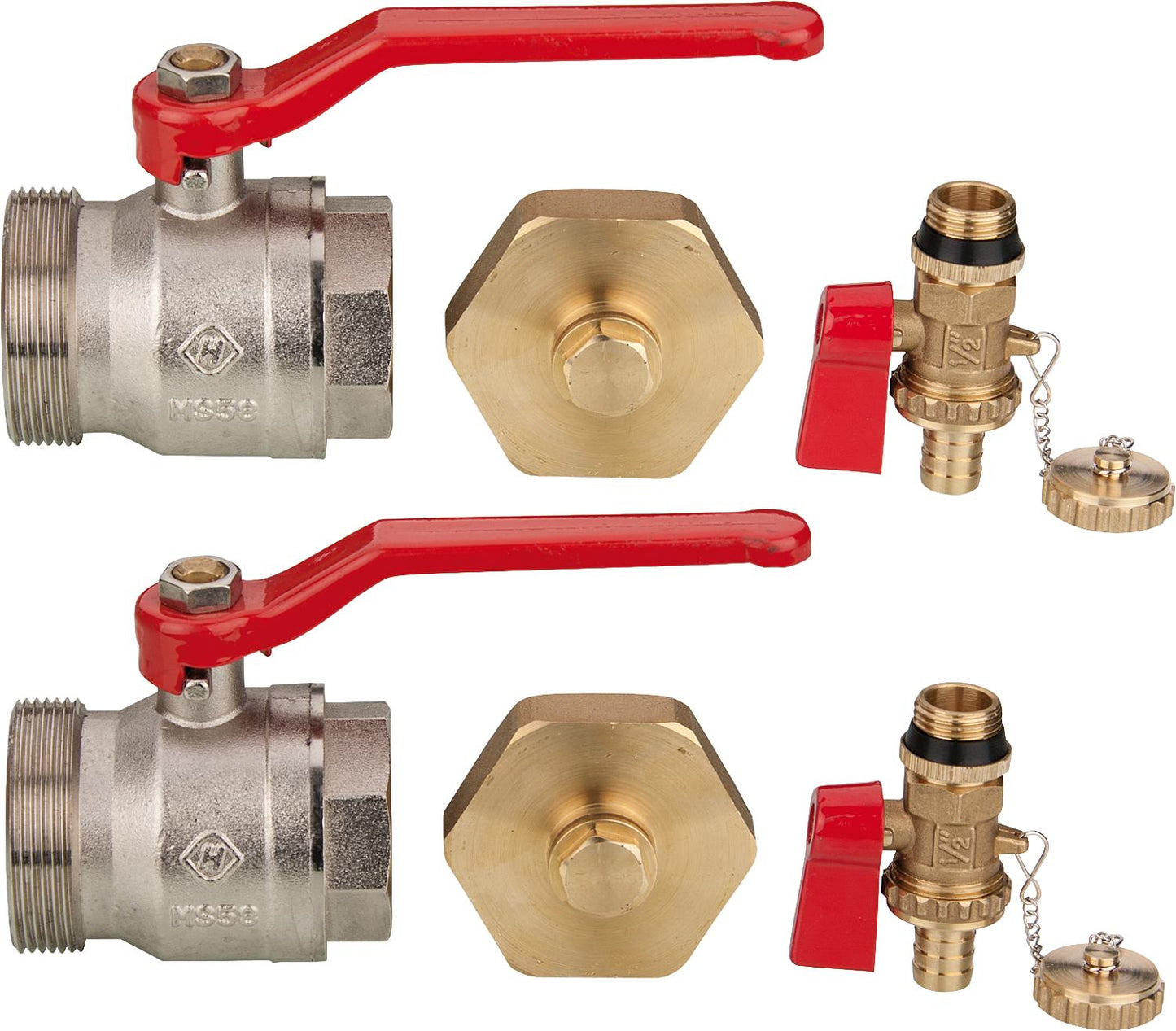 Accessories for brine distributor consisting of: 2x ball valves DN 40 female thread x DN 50 male thread, 2x caps DN 50, 2x drain valves