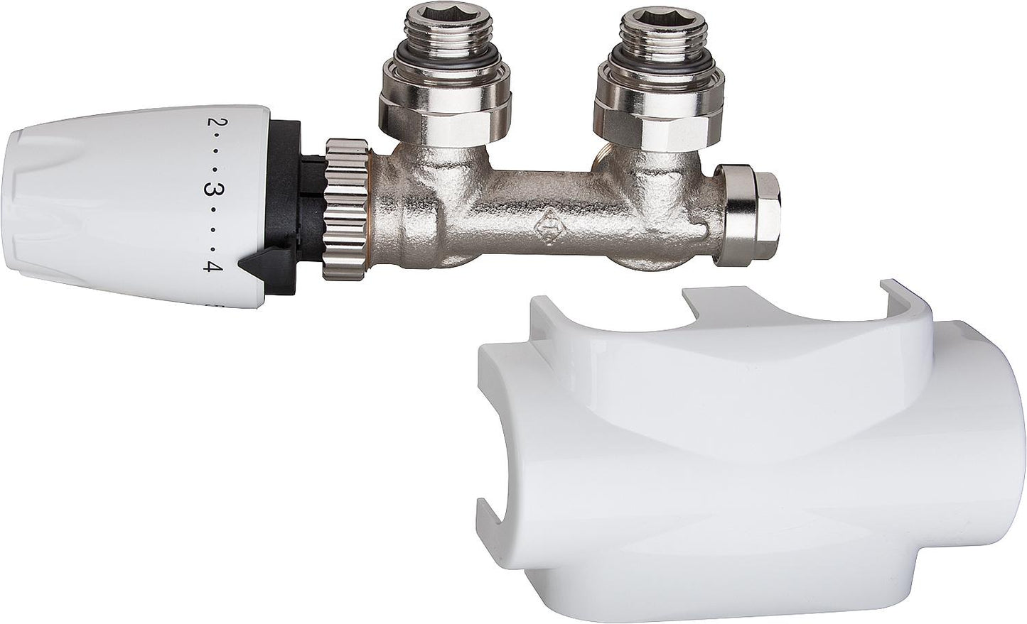 Ensemble de vannes à flux traversant IMI Multilux, comprenant un couvercle blanc et une tête de thermostat DX.