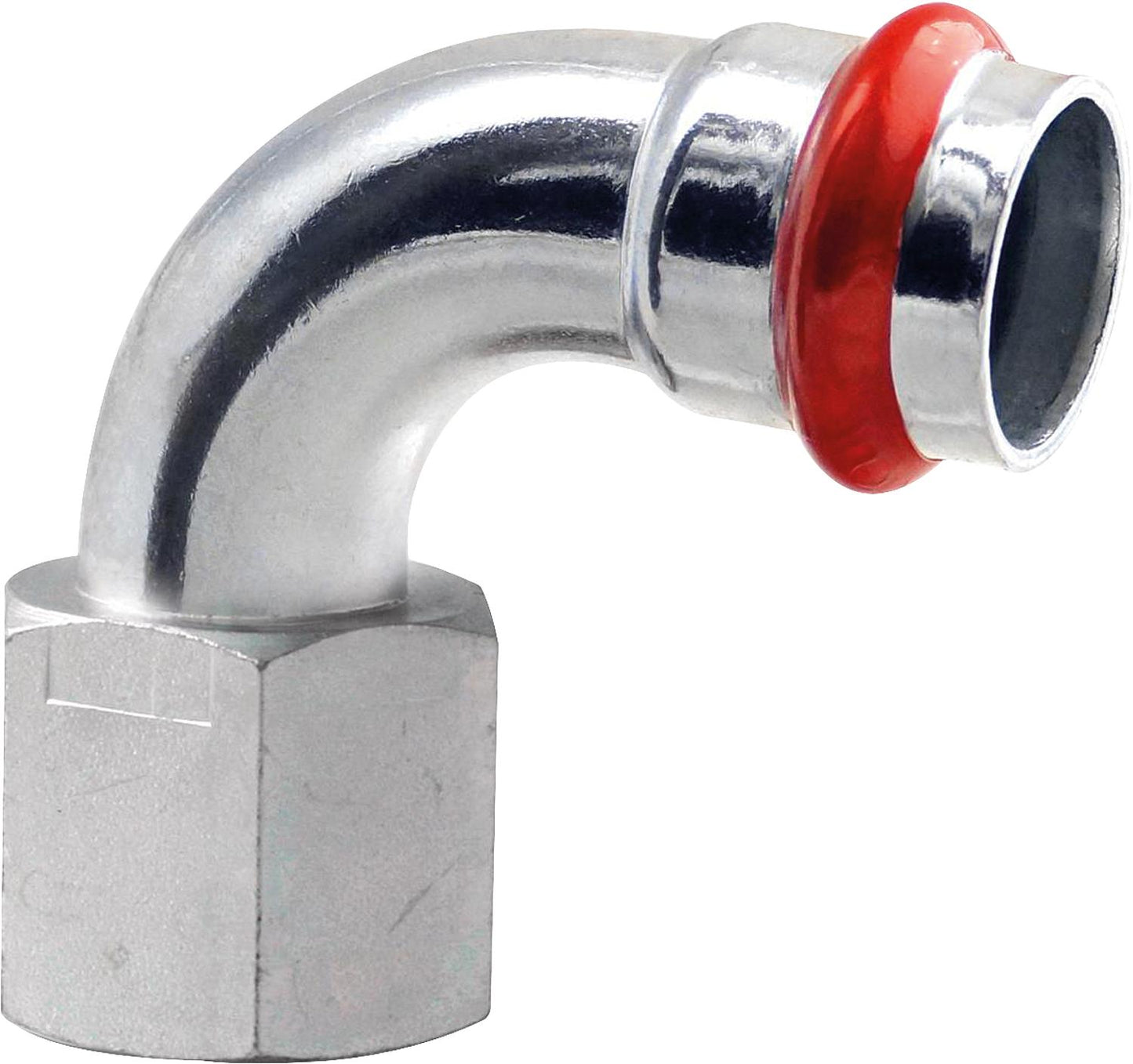 Carbon steel press fitting V-profile transition bend 90° with IG 15 mm x DN 10 (3/8")