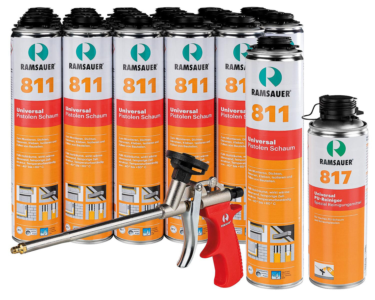 Kit pistolet à mousse RAMSAUER Allemagne : 24 cartouches de mousse PU 811 + 1 pistolet à mousse + 1 nettoyant PU