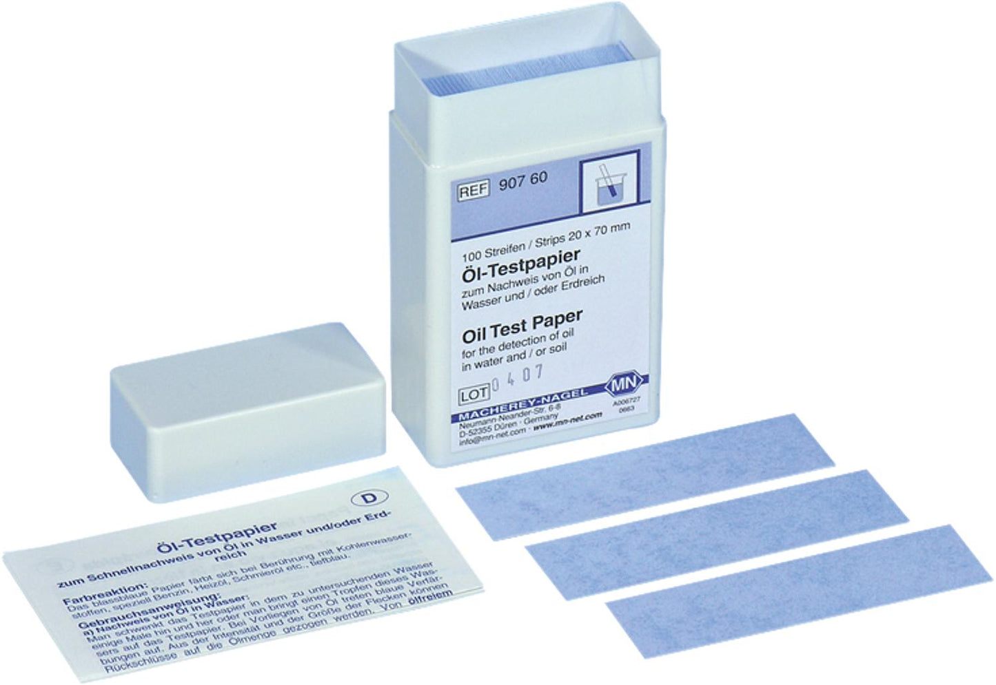 Oil test paper, can containing 100 strips, 20 x 70 mm