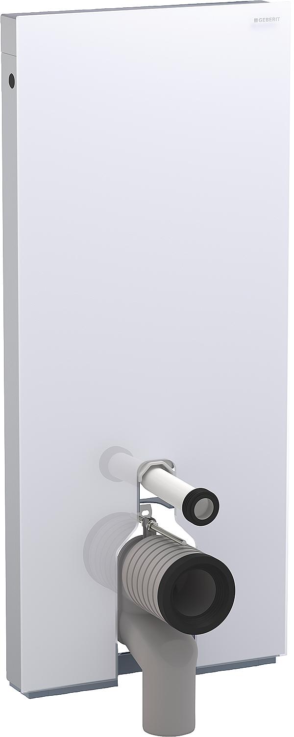 Sanitary module Geberit Monolith for floor-standing toilet 101cm, white glass, brushed aluminum side panels.