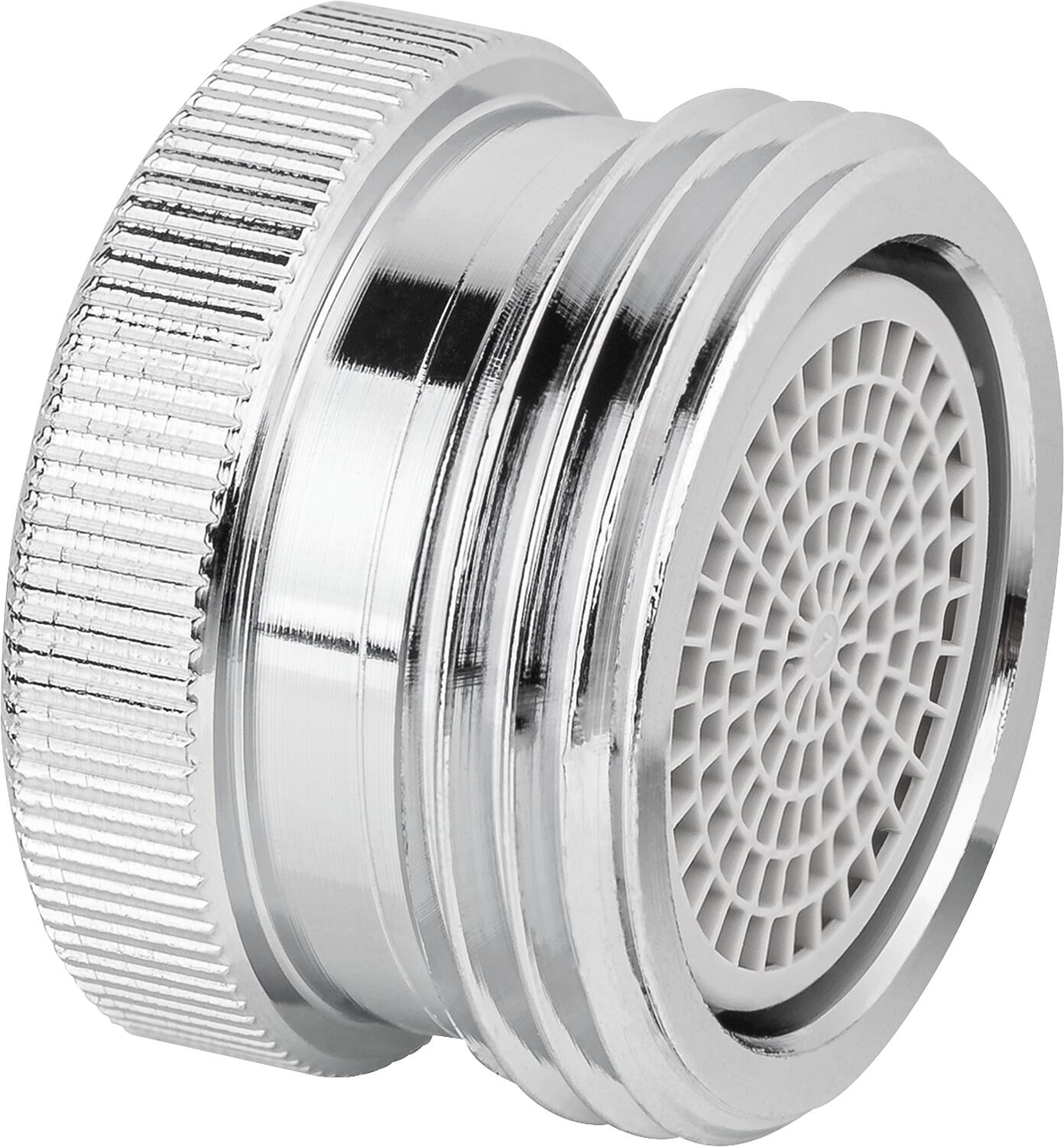 Réducteur avec aérateur et filetage mâle 3/4", également doté d'un filetage femelle M22X1 vers filetage mâle 3/4", en laiton chromé