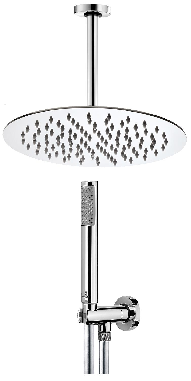 Special offer shower set: Round shower head Ø 250 mm, wall connection pipe 300 mm, hand shower hose chrome