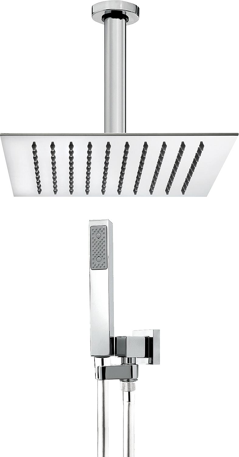 Special offer shower set: Square shower head 250x250 mm, wall connection pipe 300 mm, hand shower hose chrome