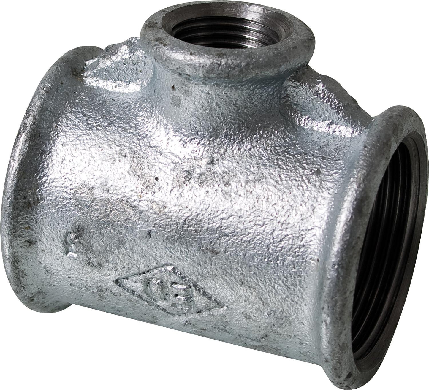 Malleable iron fitting, galvanized, No. 130R, reduced tee, Ø 3/8" x 1/2" x 3/8"