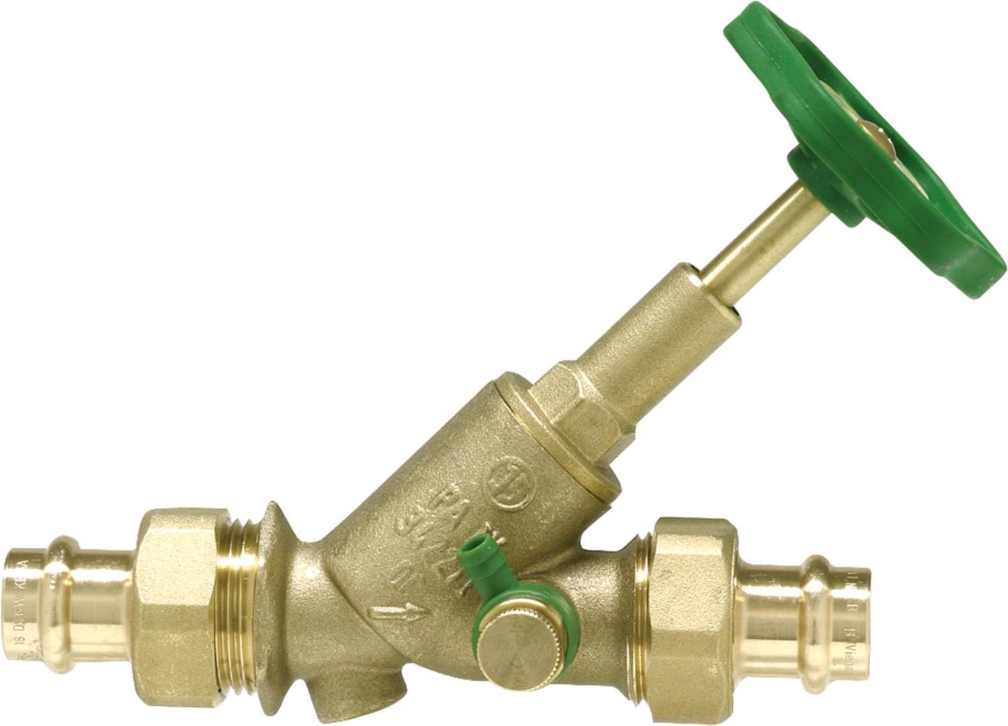 Free-flow valve with press fitting, V-contour, DN 15/15mm, rising spindle, drain.