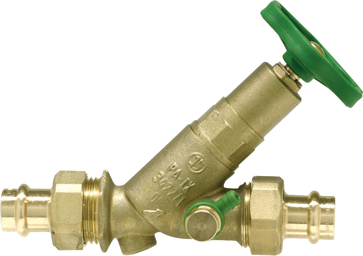 Free-flow valve with press fitting, V-contour, DN 15/15mm, non-stick spindle and vent.