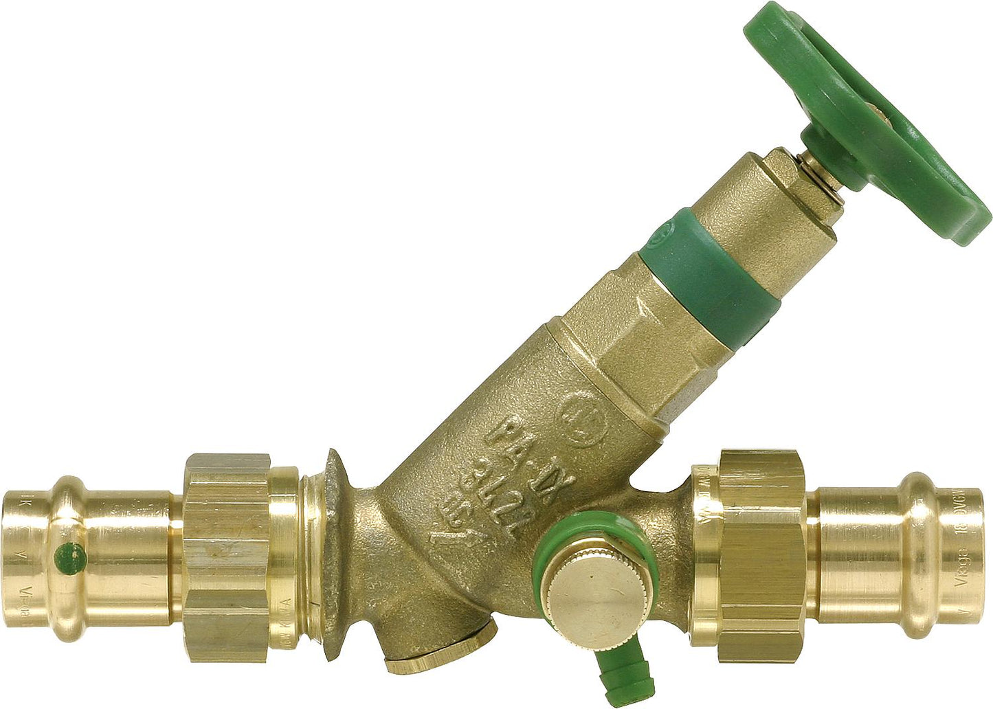 KFR valve with test screw, press fitting, V-contour, DN 15/15mm, non-ferrous spindle and vent.
