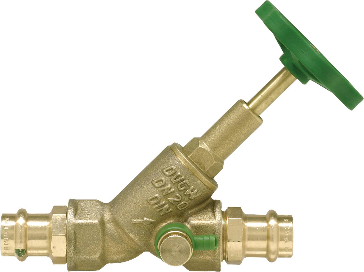 Free-flow valve with drain, rising spindle 1518 press connection V-profile DN 15, 15 mm