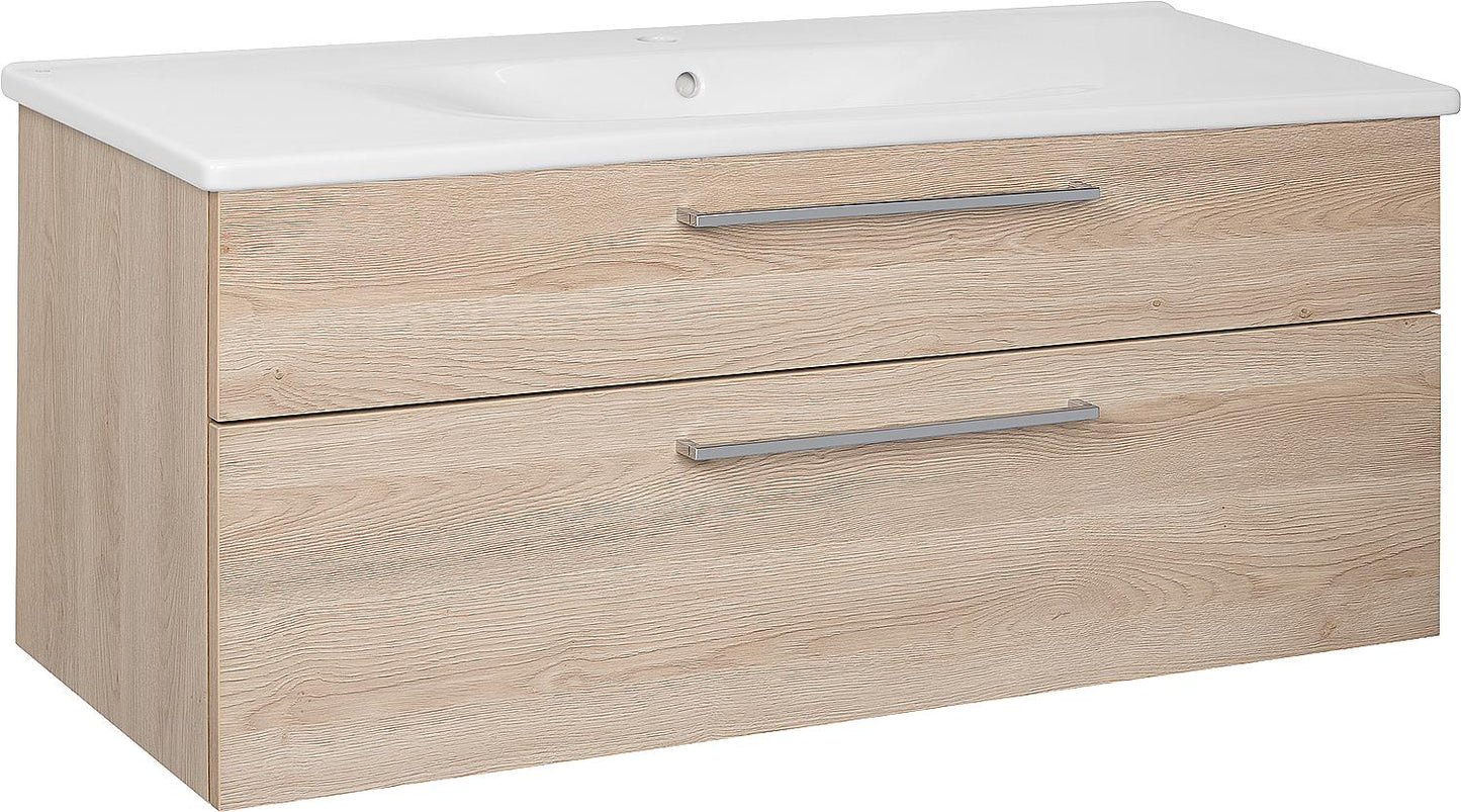 Suri 1 bathroom furniture set with washbasin and ceramic sink, oak decor, cashmere finish, chrome handle, 2 drawers, 1230x545x495mm
