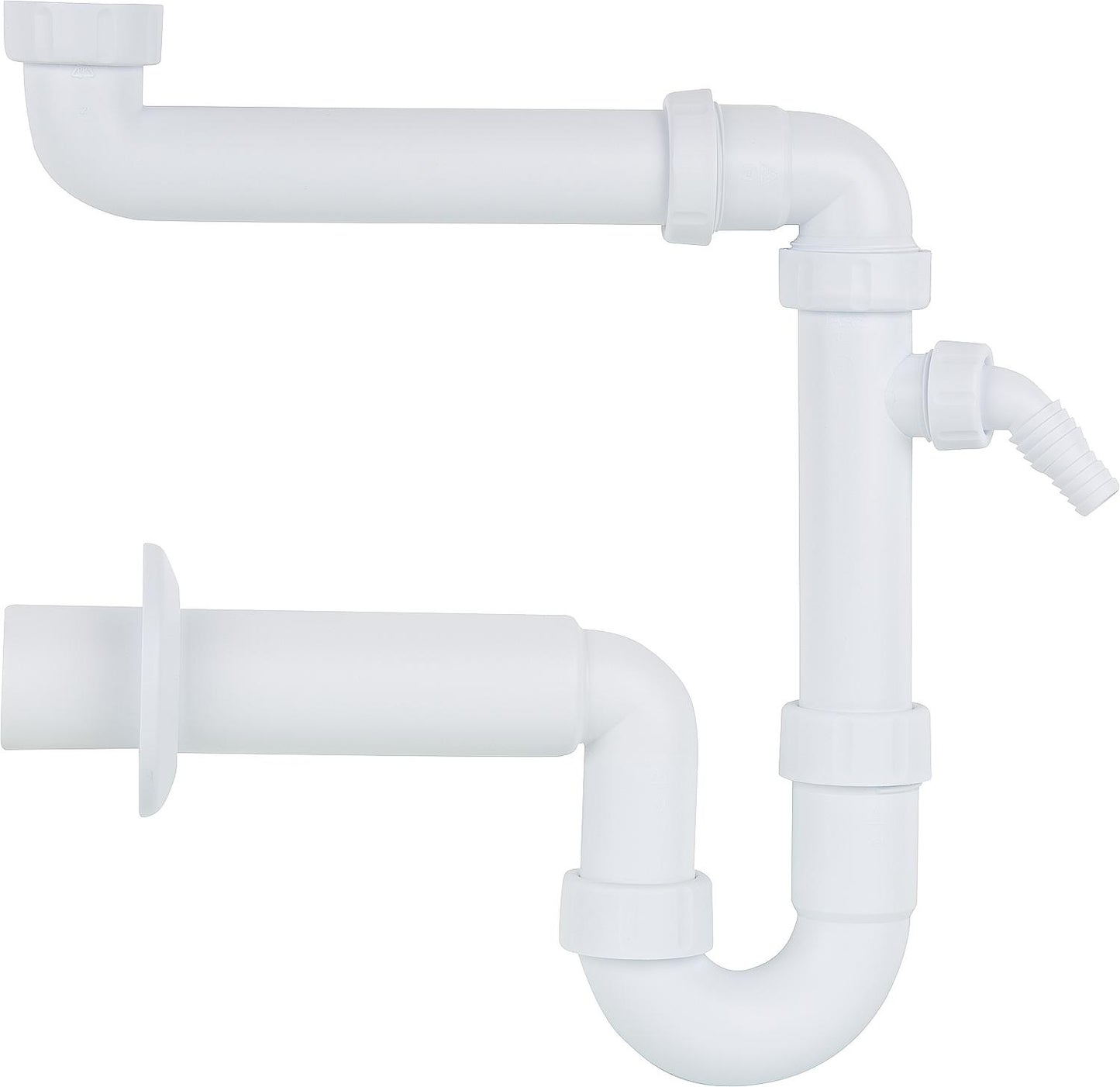 Space-saving universal siphon, 1 1/2" & 1 1/4" x DN50 outlet pipe with ball valve