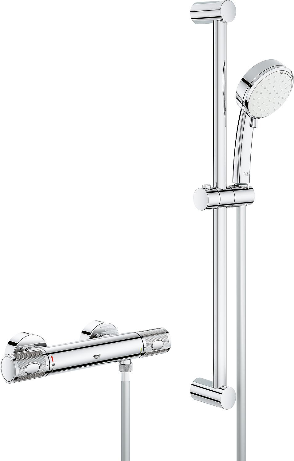 Grohe Grohtherm 1000 Performance shower thermostat set, 900 mm shower rail, 100 mm hand shower and chrome shower hose
