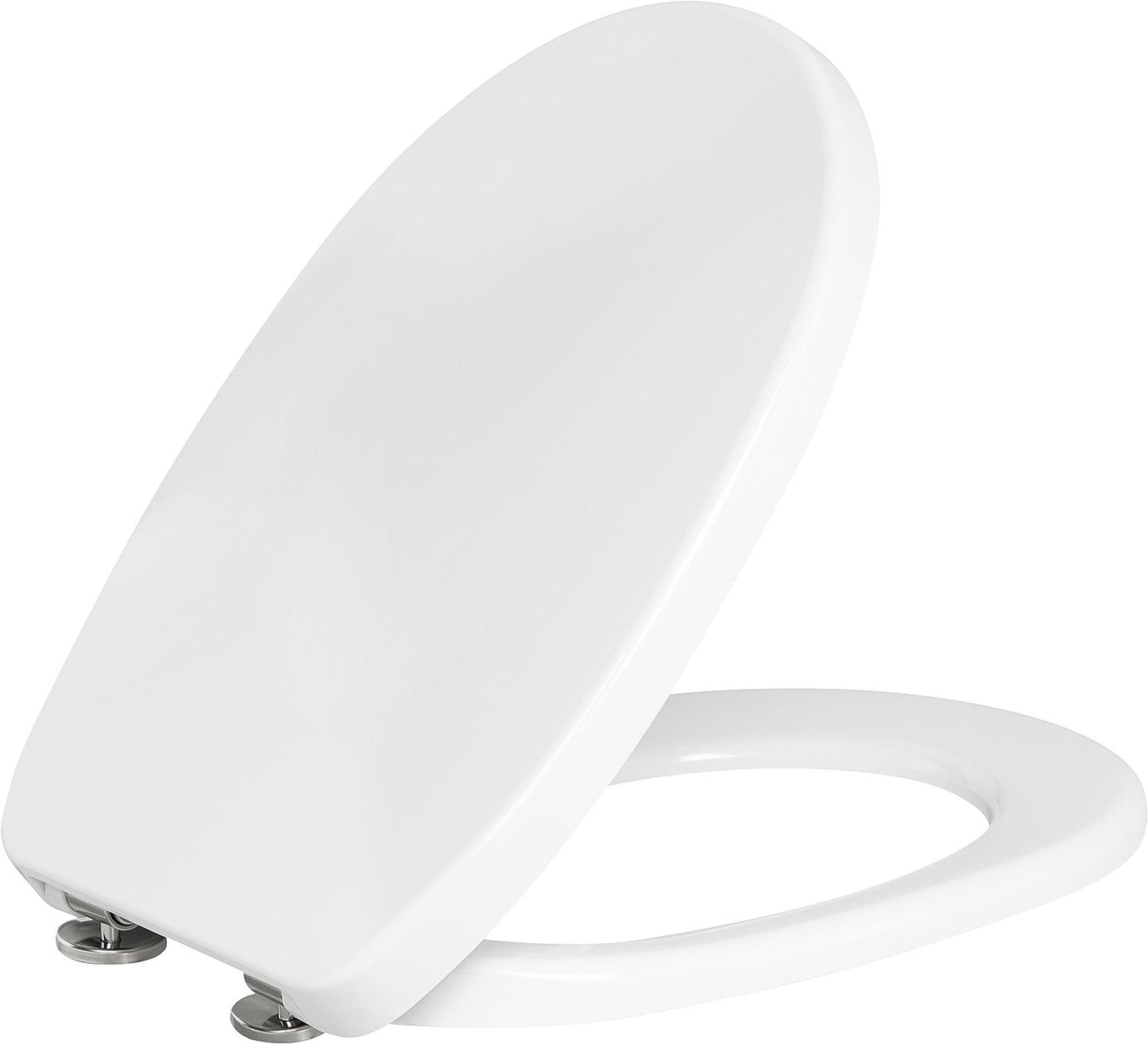 Abattant de toilette Twist avec mécanisme de fermeture amortie, en duroplast blanc, avec mécanisme de démontage et charnières en acier inoxydable.