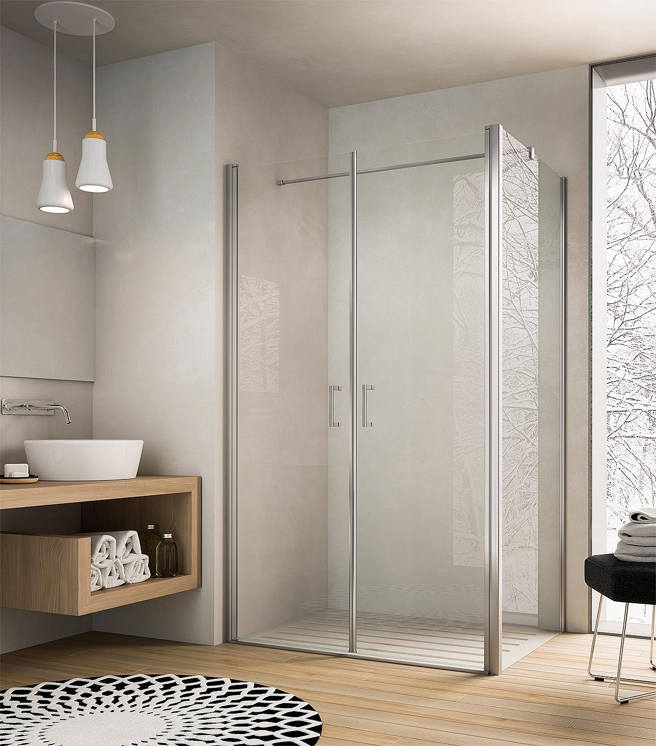 Eck-Duschkabine Eloa 2.0, 2-teilige Pendeltür und 1 Seitenwand mit Stabilisierungsstange