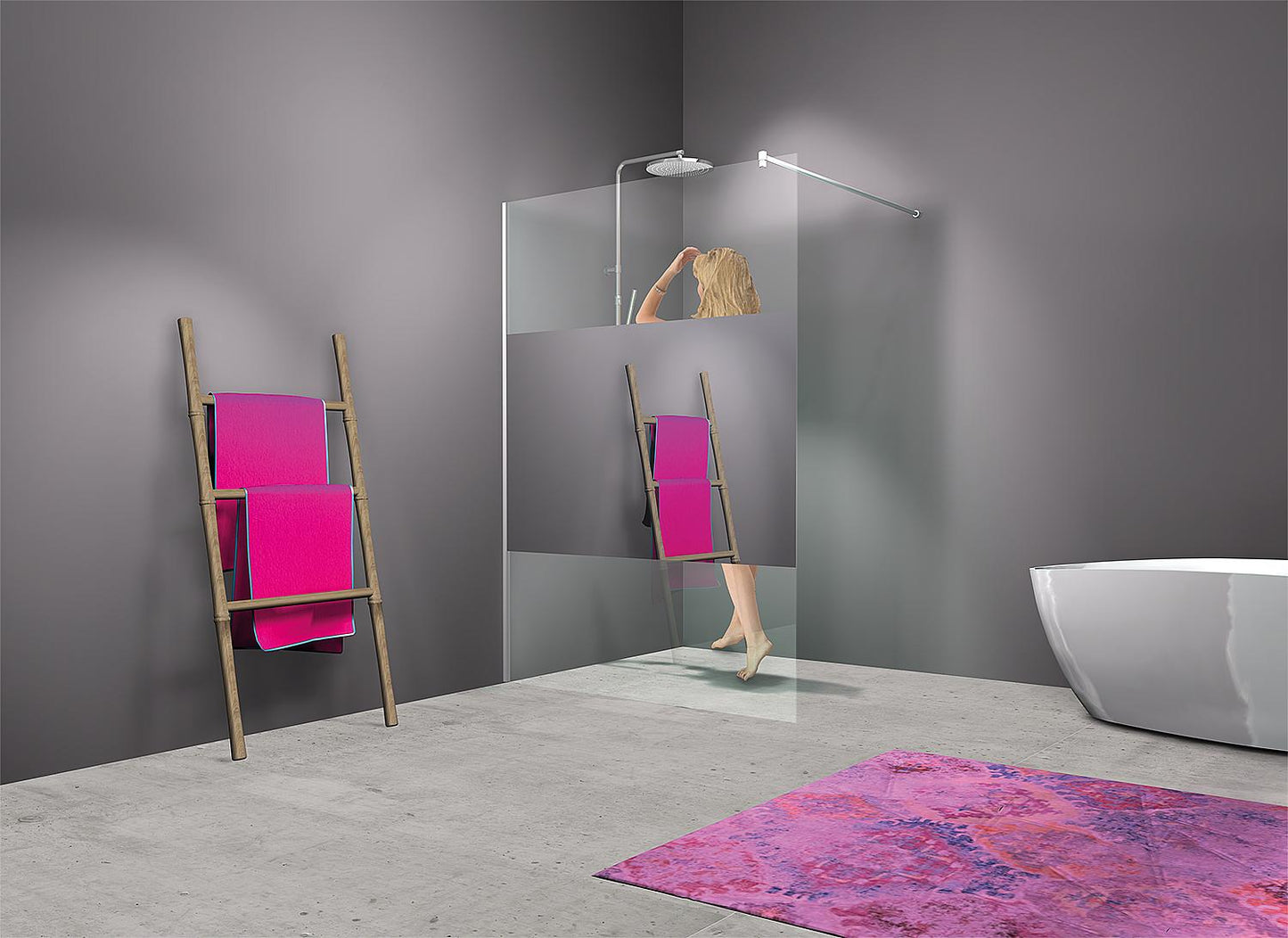 Paroi de douche en verre à l'italienne, profilé mural Elja 2.0 + barre de stabilisation, verre de sécurité trempé rond 980 x 2000 x 8 mm avec ETC