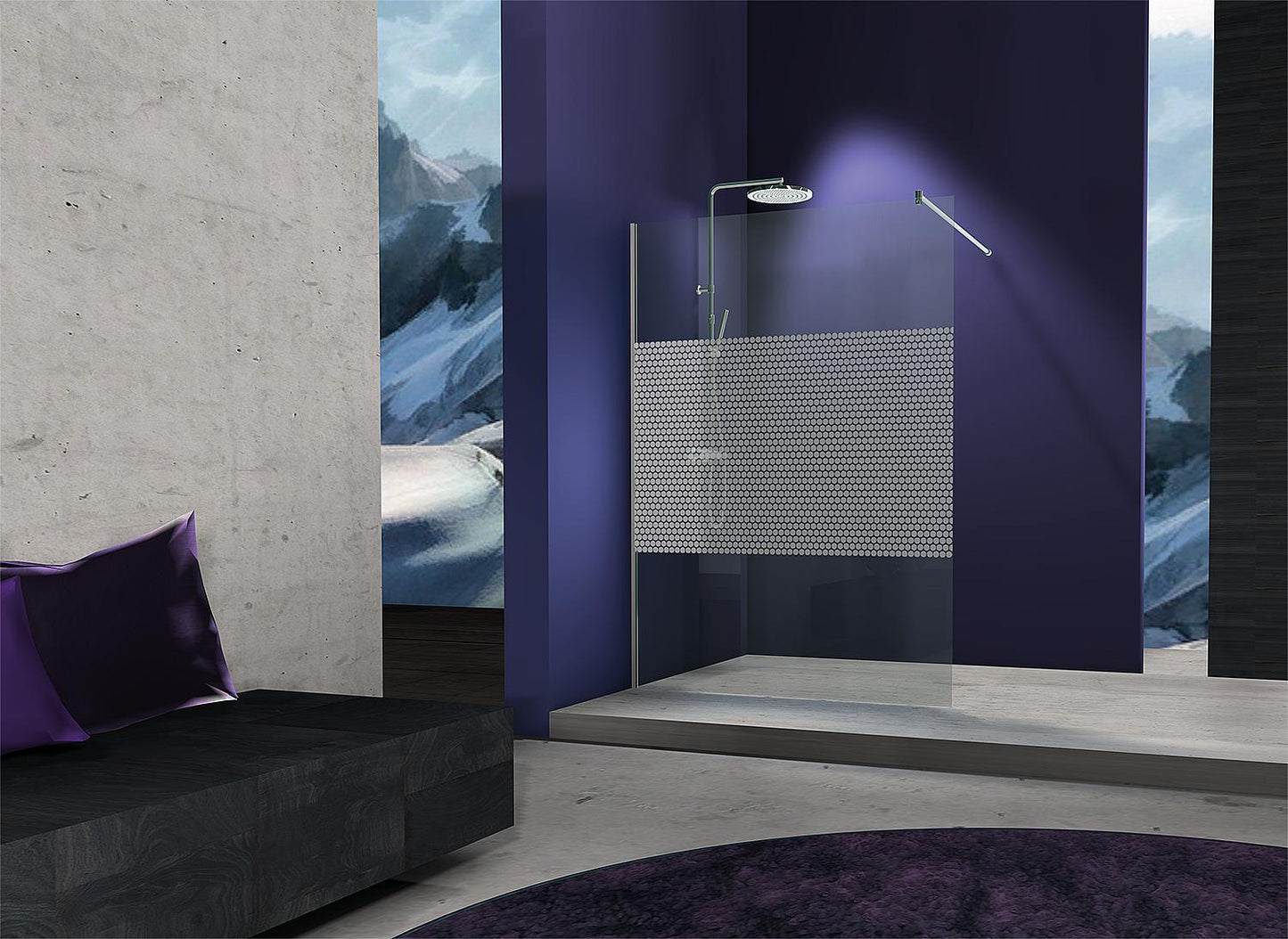Cabine de douche à l'italienne Simeri en verre, profilé mural + barre de stabilisation ronde, 1380 x 2000 x 8 mm, verre de sécurité trempé avec ETC