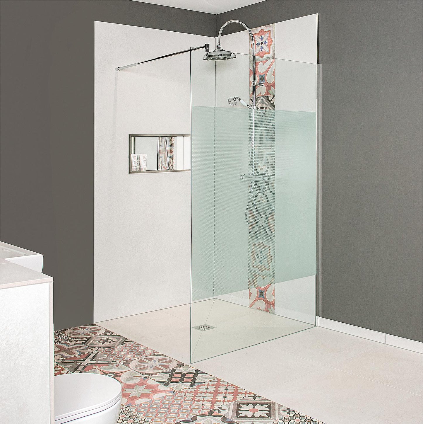 Walk-In Glasduschwand Simeri Wandprofil + Stabi.-Stange rund 1380x2000x8 mm ESG mit ETC