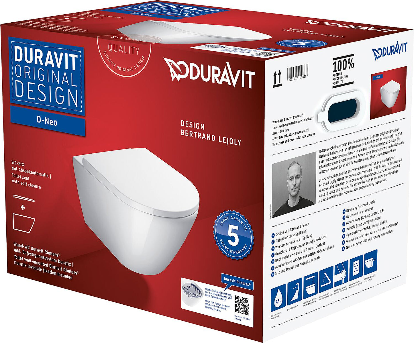 Lunettes de soleil Duravit D-Neo sans monture, en céramique fermée, blanches (Combi-Pack)