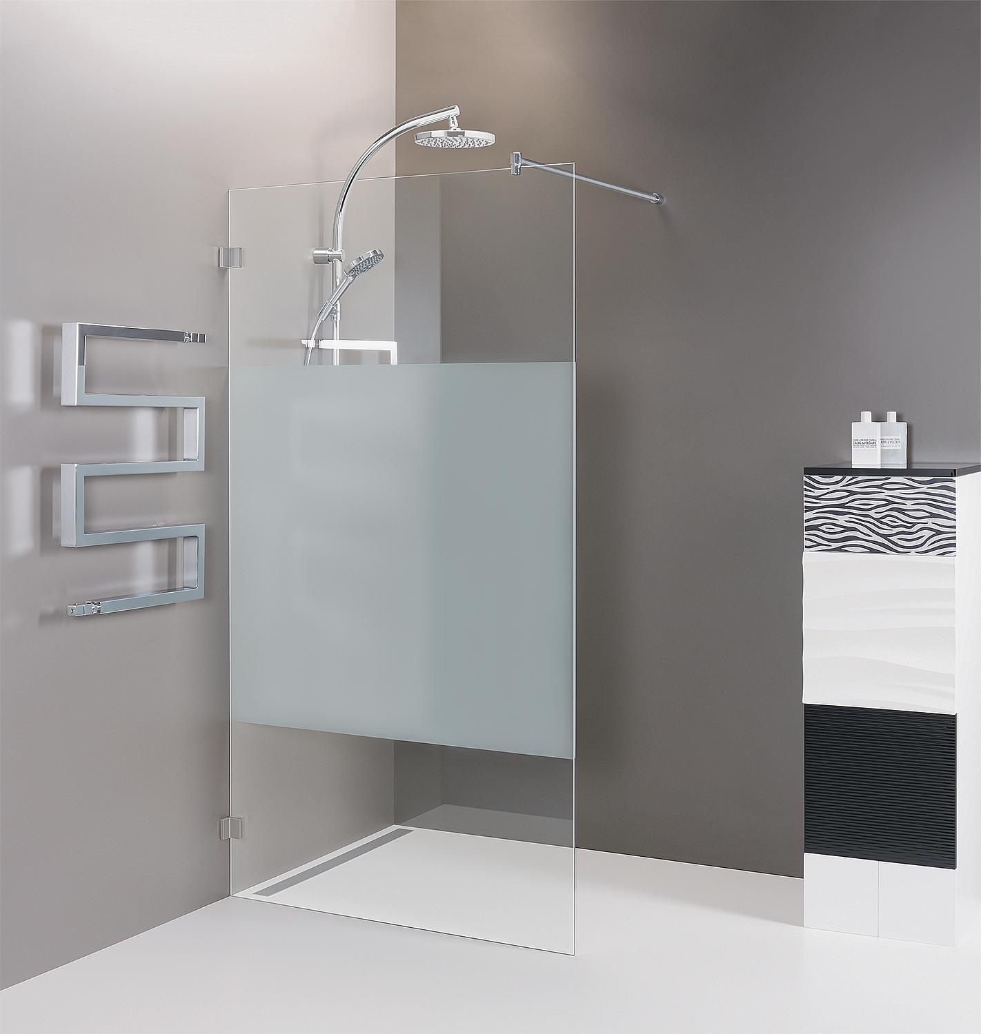 Walk-In Glasduschwand Esy mit innenbünd. Wandbeschlägen + Stabi.-Stange 1480x2000x8 mm Siebdruck mittig ESG mit ETC