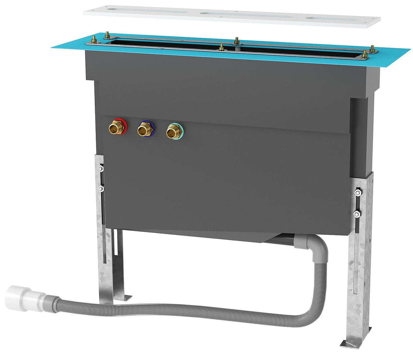 Mounting frame for 3-5 hole tile edge mounting with hose box + fitting support plate and sealing sleeve