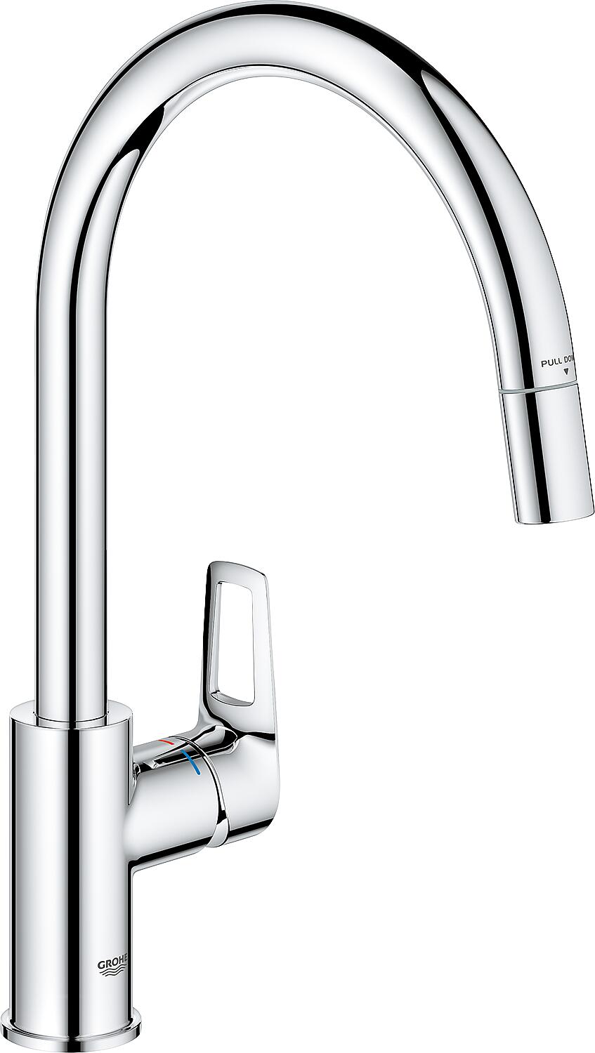 Grohe Bauloop kitchen mixer tap with pull-out spout, swivel spout, 215mm projection, chrome