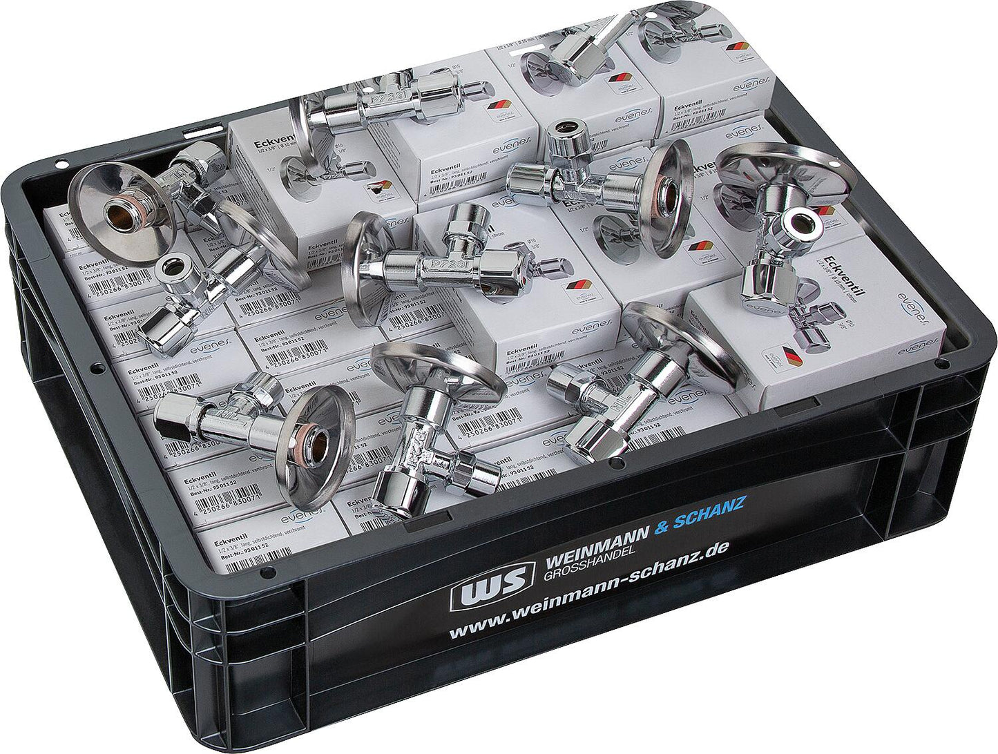 Eckventil Evenes, Messing verchromt, Vorteilspaket, selbstdichtend mit ELB, DN15 (1/2") inkl. WS-Box