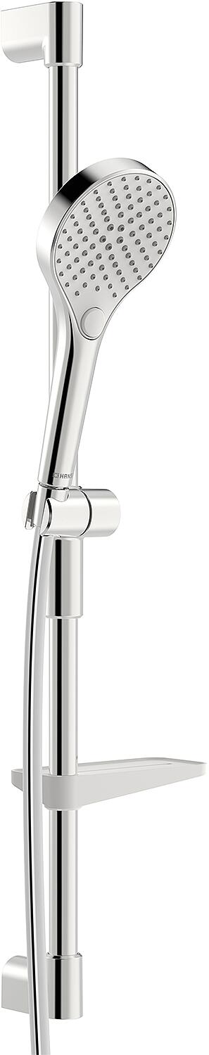 Hansa Hansaviva shower set, shower rail 766mm, Eco 3 spray patterns Ø 110mm, chrome with shelf, wall bracket height adjustable