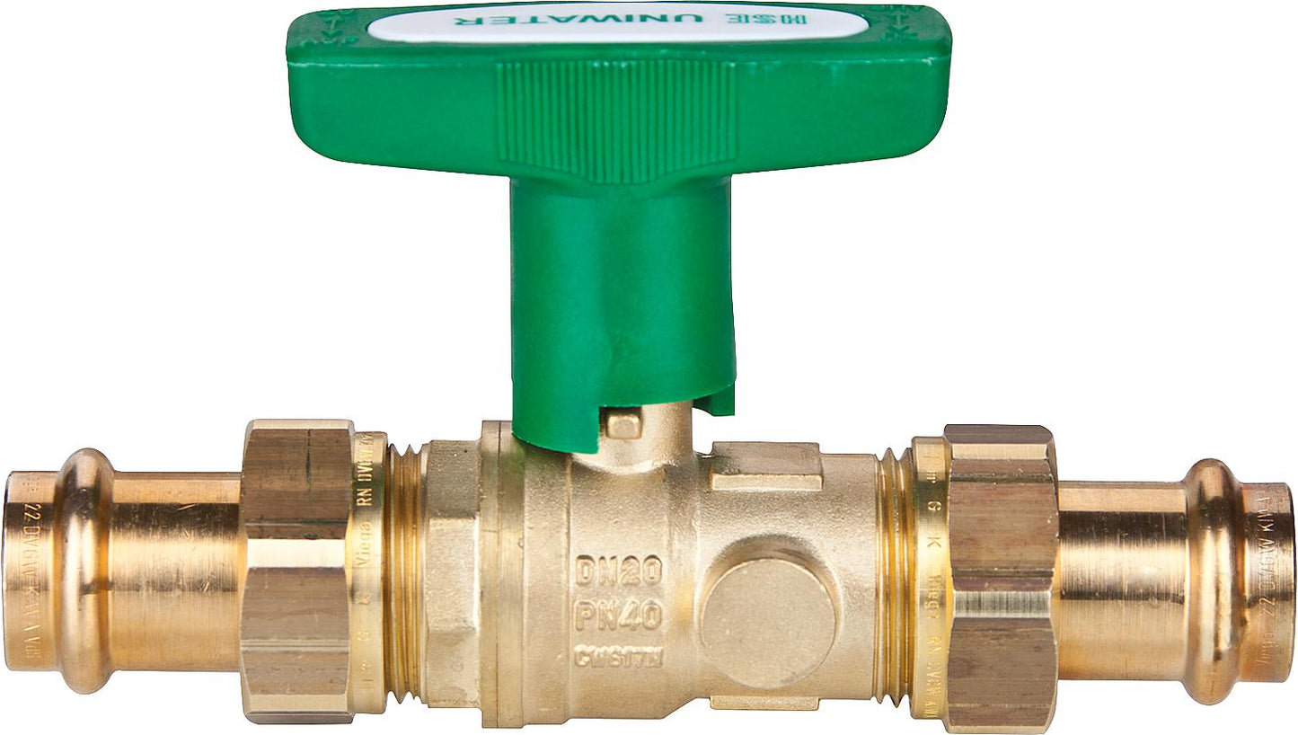 Vanne à bille pour système UNIWATER, 2 raccords Viega Profipress, poignée en T ISO verte, DN 40, 42 x 42 mm