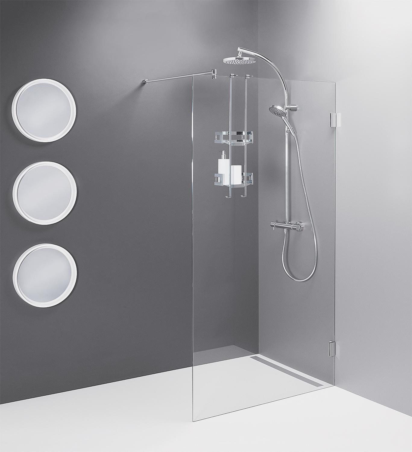 Walk-In Glasduschwand Eloqui mit Wandbeschlägen + Stabi.-Stange rund 1580x2000x8 mm ESG mit ETC