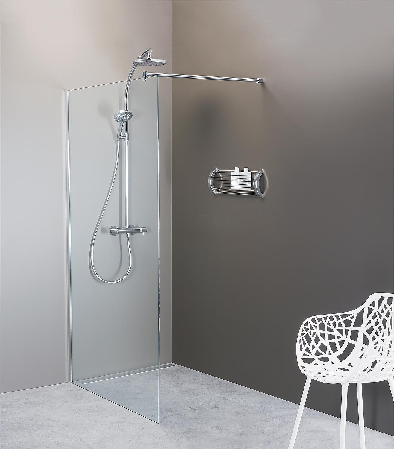 Walk-In Glasduschwand Ennai mit Wandprofil + Stabi.-Stange rund 1580x2000x8 mm ESG mit ETC alu glänzend