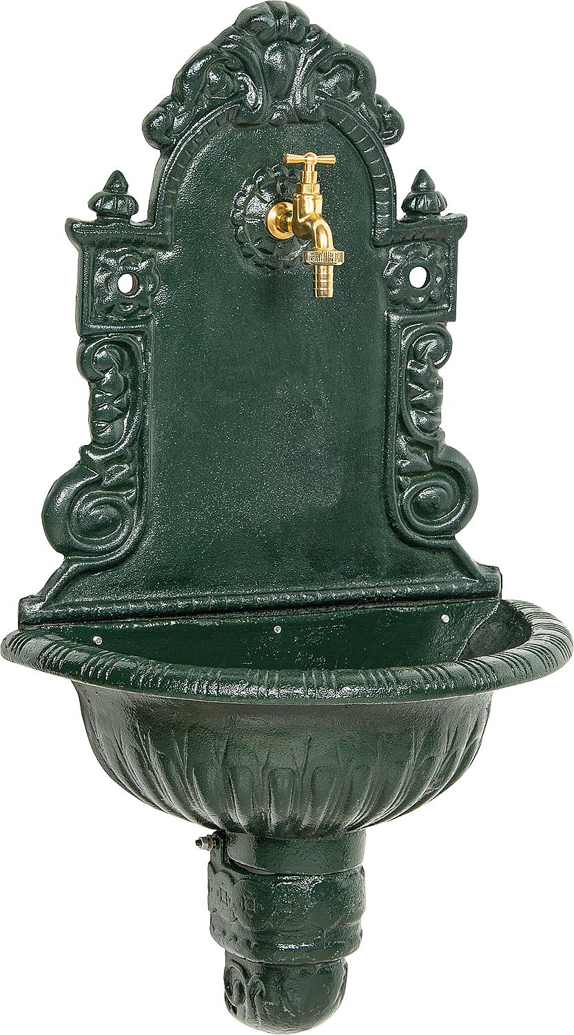 Fontaine murale en fonte grise et verte, avec vanne de sortie en laiton