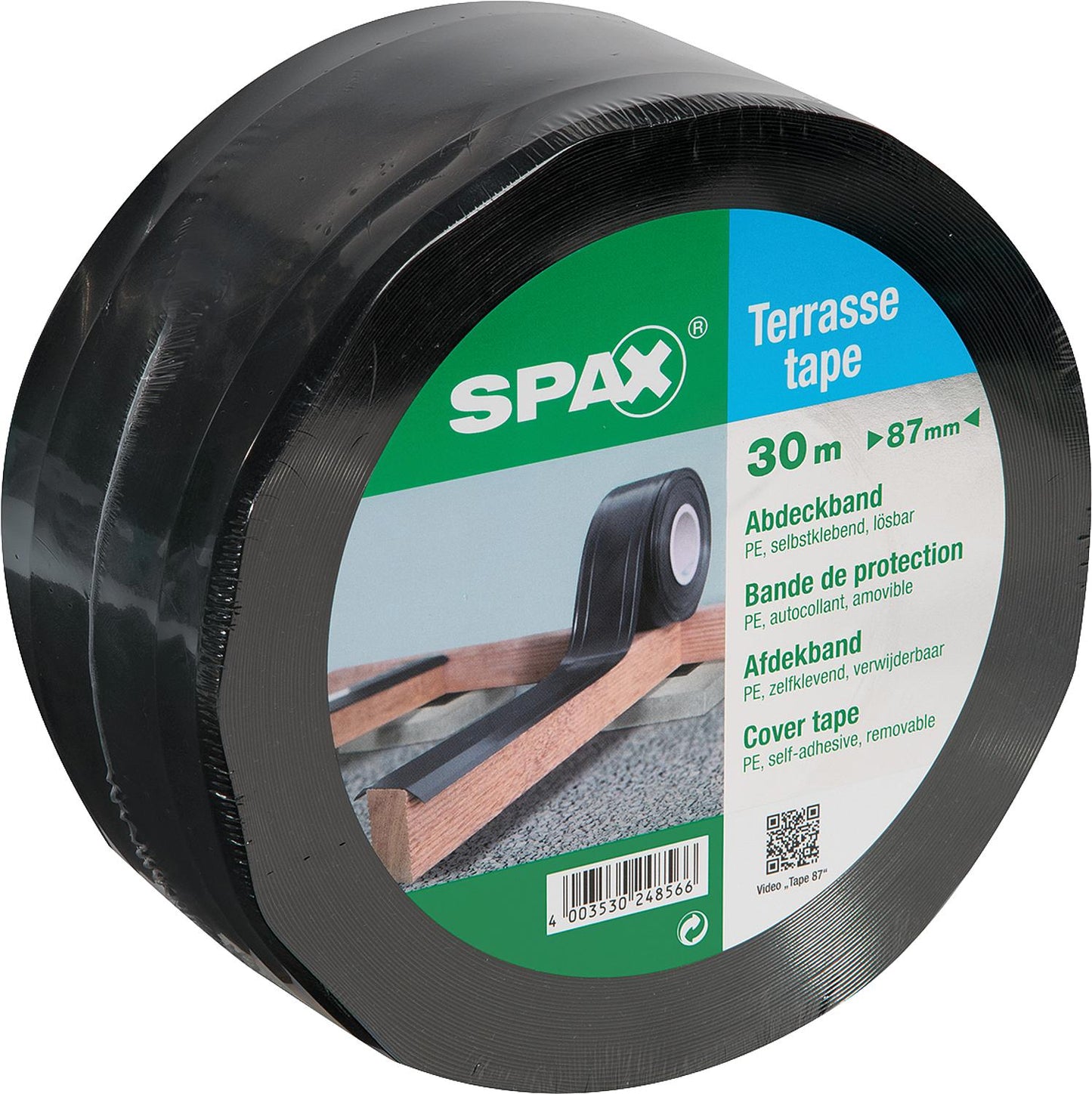 Ruban adhésif SPAX pour terrasse, destiné à la protection des structures en bois, largeur 87 mm, longueur 30 m, épaisseur 0,5 mm.