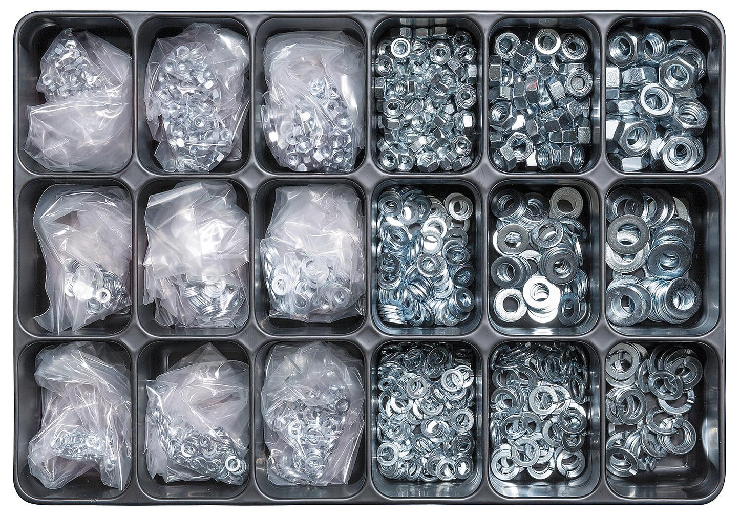 Assortment case filled with: nuts DIN 934 / washers DIN 125 / spring washers DIN 127 / galvanised