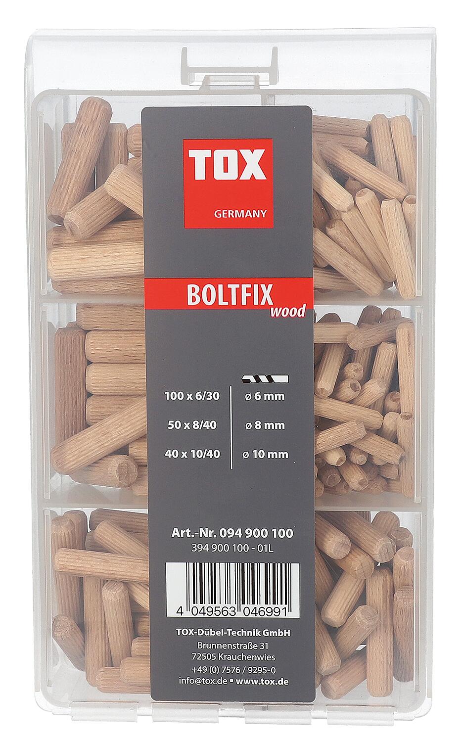 Assortiment de chevilles en bois TOX, 190 pièces, Boltfix : 100 x 6 x 30 mm, 50 x 8 x 40 mm, 40 x 10 x 40 mm, chevilles rainurées en hêtre massif