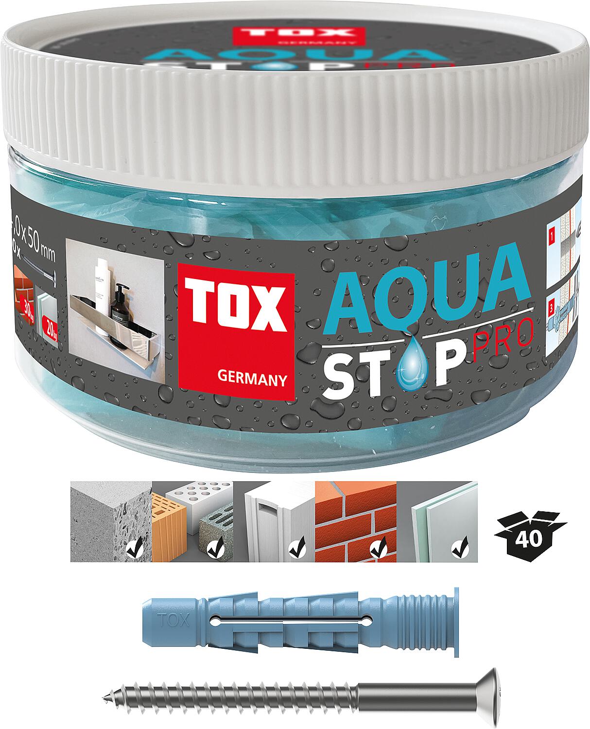 Bouchon universel TOX Aqua Stop Pro 8x50 mm + vis, boîte ronde, conditionnement : 20