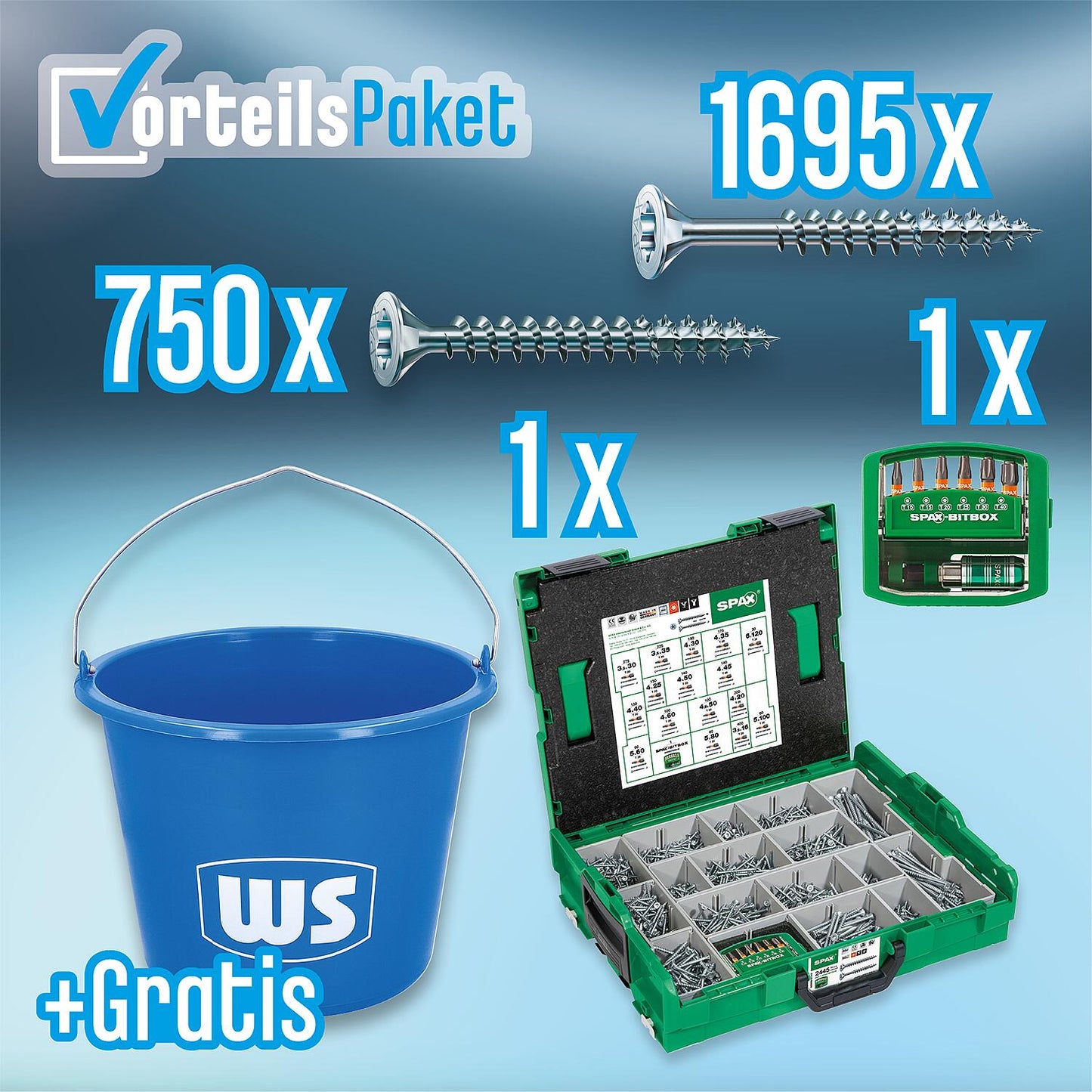 Pack économique : assortiment de vis à tête fraisée SPAX en L-Boxx® 102, 2 453 pièces + seau de chantier WS offert